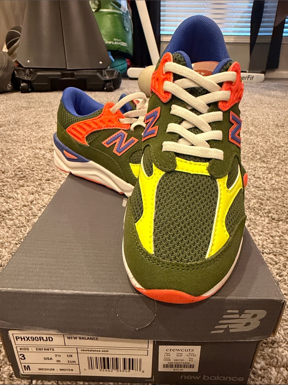 New Balance Kids Olive Green with Neon Yellow & Orange Sneakers